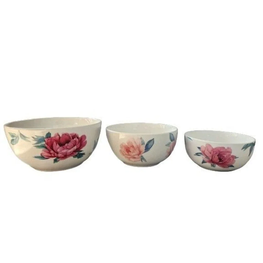 Martha Stewart Fine Ceramic Floral 3-Piece Bowl Set - White Elegant Serveware